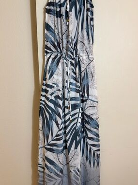 Women’s White and Dark Blue Tropical Print Maxi Dress